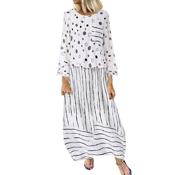 Maxi Dress women Vintage Print Polka Dots Striped Fake Two-piece Maxi Dress
