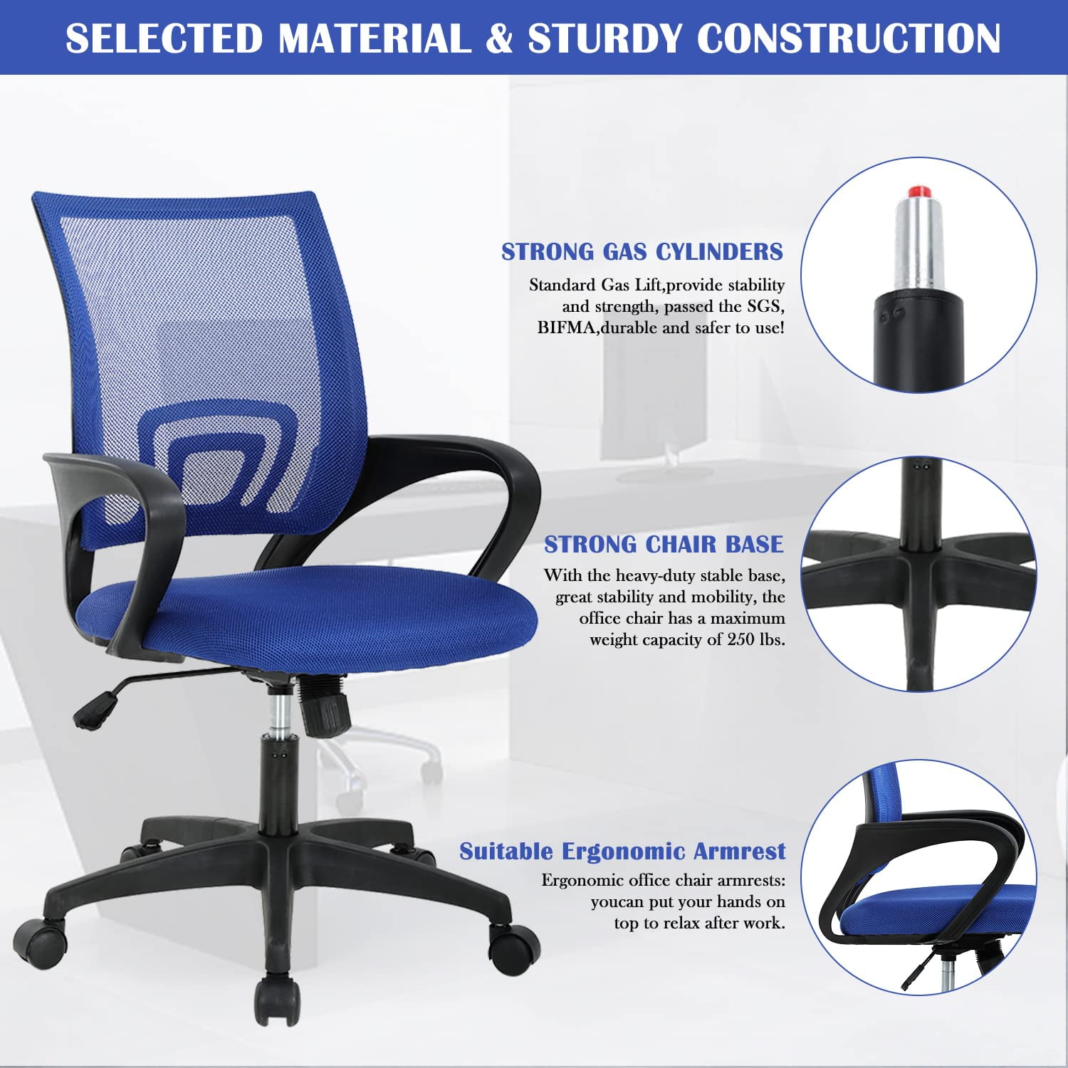 CL.HPAHKL Ergonomic Task Office Chair, Mesh Computer Chair with Lumbar Support Adjustable Mid Back Swivel Rolling Chair with Armrests, Ideal for Home Office & Study, Blue
