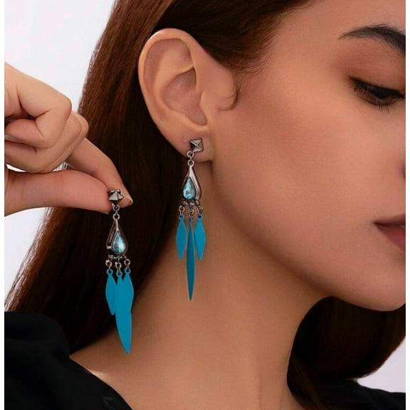 Clip on 3 1/4" gunmetal and blue stone dangle earrings