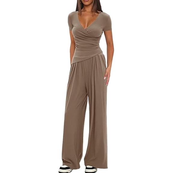 Womens V Neck Short Sleeve Top Wide Leg Pants Casual Comfortable Outfit Set Two Piece Khaki Color [Short Sleeve] XS