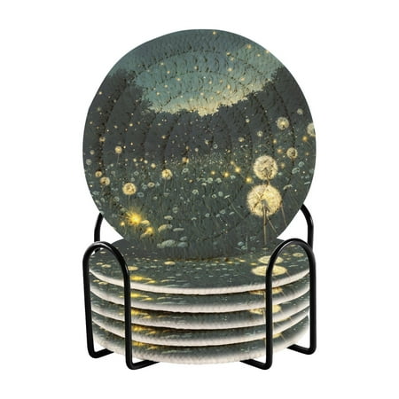 

WOBOGO Fireflies in Dandelions Coil Coasters Set of 6 Minimalist Cotton Woven 3.94 inch Non-Slip Insulated and Absorbent Home Accessories.