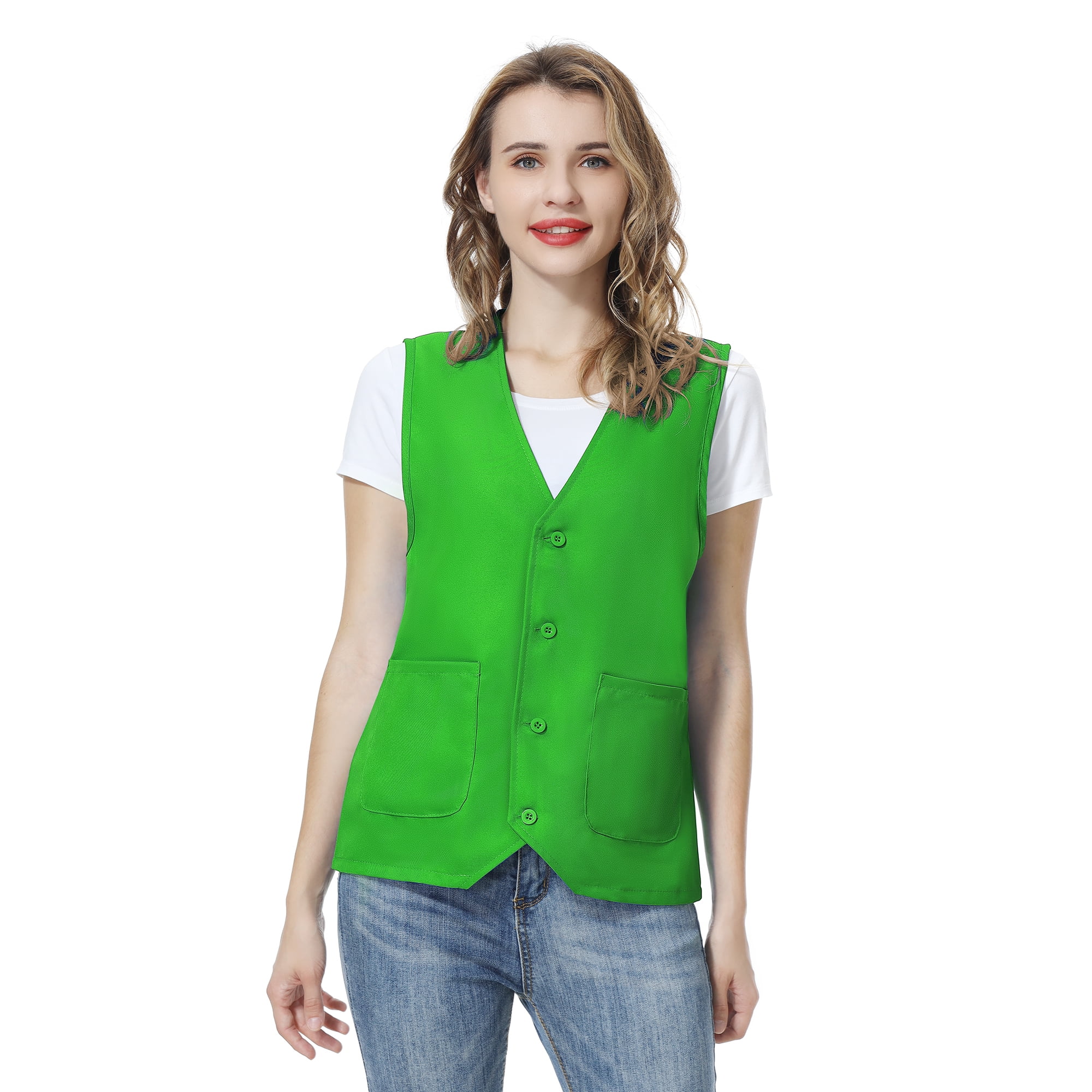TOPTIE 5 Pack Unisex Work Vest Button Up Vest Volunteer Activity Supermarket Uniform-Green-2XL