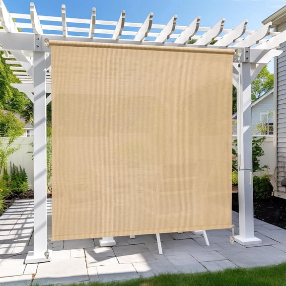 Jane Stone 7'X8' Sesame Outdoor Roller Shade, Exterior Cordless Patio Roll up Shades for Outside Pergola Porch, Patio