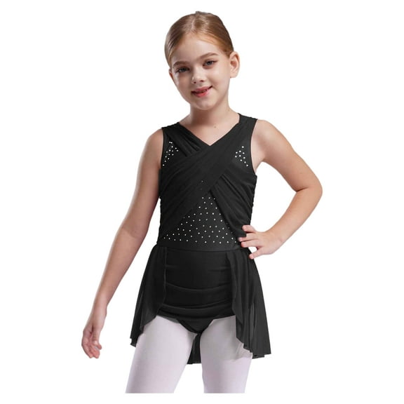 TTAO Kids Girls Lyrical Dance Dress Crisscross Back Ballet Leotard Tutu Skirts Ice Skating Dancewear Black 8