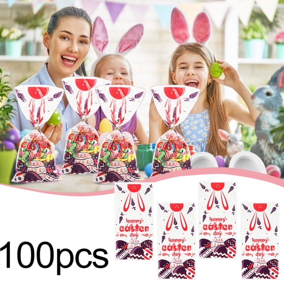 BAOPAI Easter Themed Transparent Plastic Candy Bags with Decorative Rabbits and Eggs for Party Snack Packaging and Gift Giving