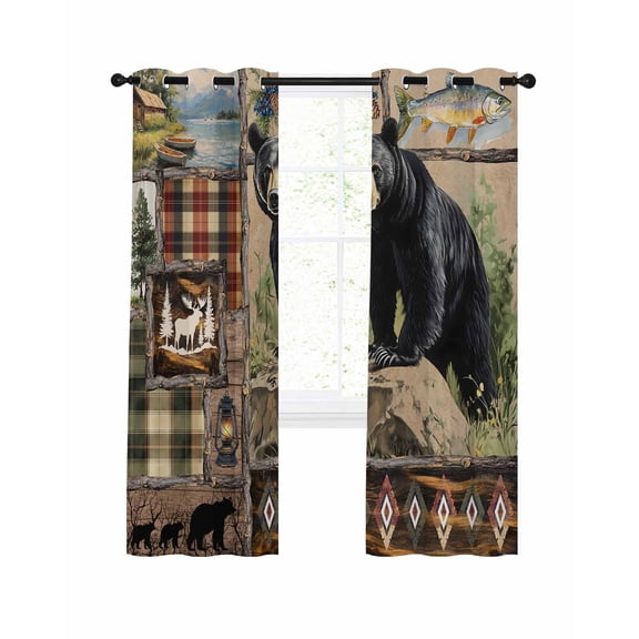 Vintage Black Bears Blackout Curtains, Light Blocking Print Window Curtains, Abstract Country Plaid Fish Retro Thermal Insulated Window Drapes for Living Room Kitchen Cafe 2 Panels, 84"W x 84"L