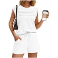 thumbnail image 5 of 2 Piece Sets for Women Summer Casual Round Neck Basic Pleated Top Cap Sleeve and Drawstring Shorts Dressy Travel Outfits, 5 of 8