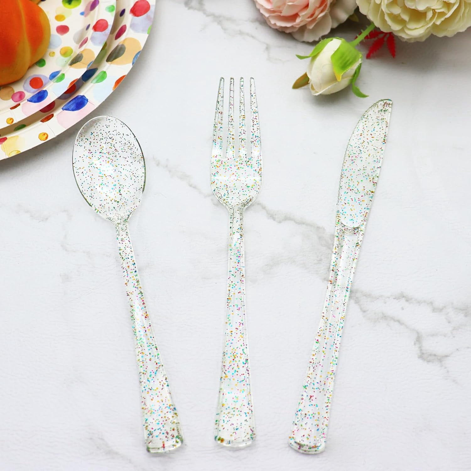 150 Pack Clear Plastic Silverware - Disposable Cutlery with Colorful Design, Includes 50 Forks, 50 Knives, 50 Spoons for Birthday, Wedding, Baby Shower