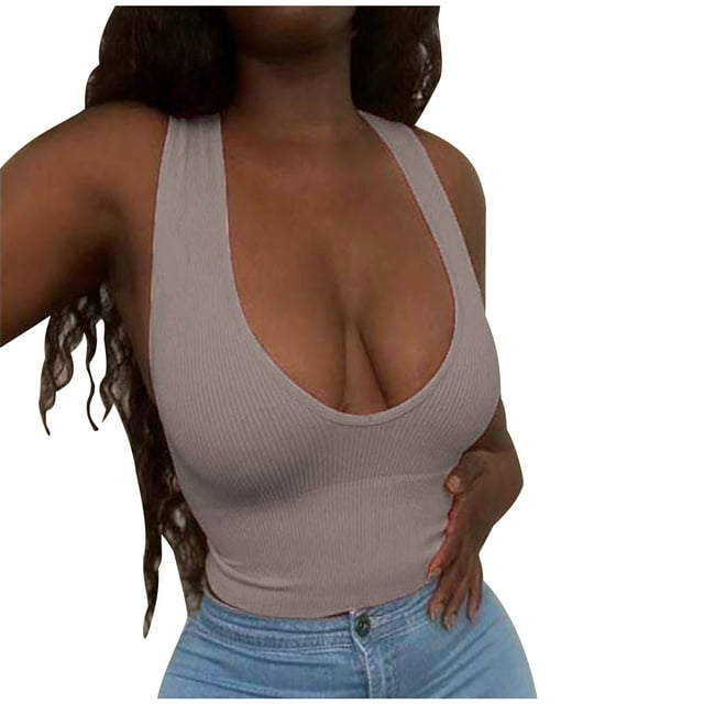 AherBiu Workout Tops for Women Ribbed Bralette Cropped Tank Top Stretchy Deep V Neck Yoga Cami