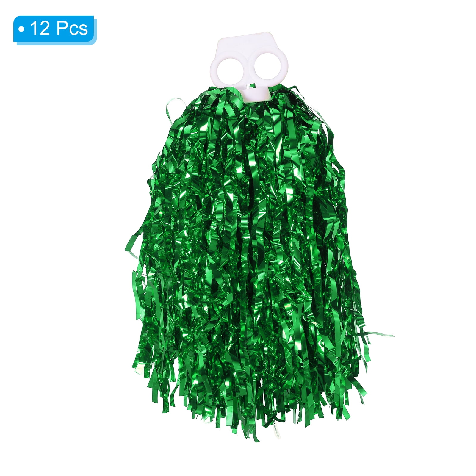 Cheerleading Pom Poms with Finger Holes Metallic Foil Cheering Hand Flower, Green, 12 Pack