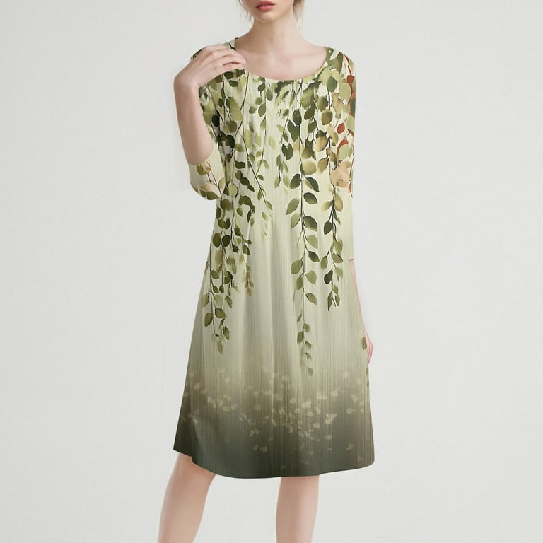 Qijie Petite Women Dresses Spring Summer 3/4 Sleeve Vacation Boho Floral Casual Sundress A-Line Holiday Midi Dress Crew Neck Flowy Swing Wedding Guest