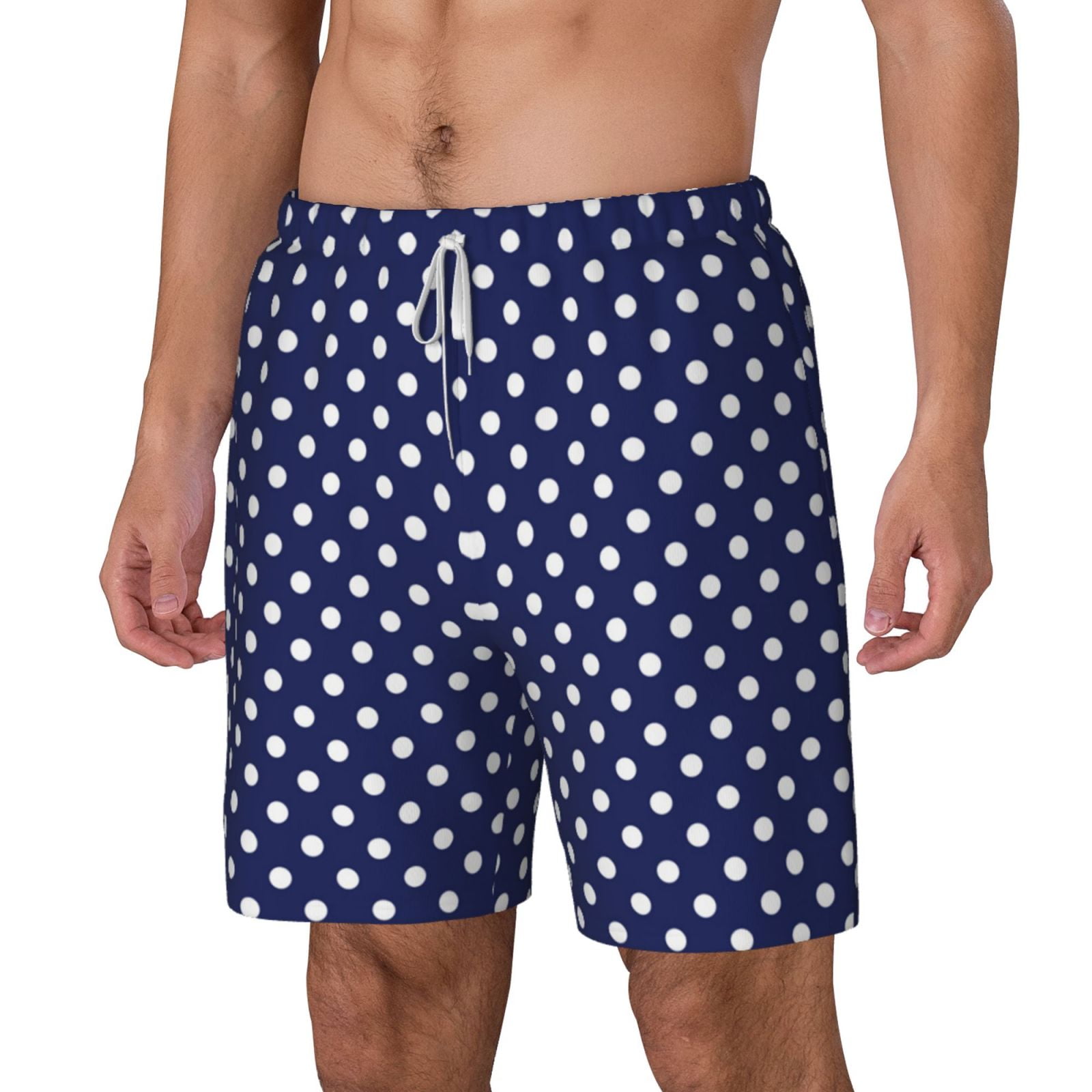 Men's Deep Blue And White Dots Swim Trunks with Compression Liner Bathing Suit Swimwear