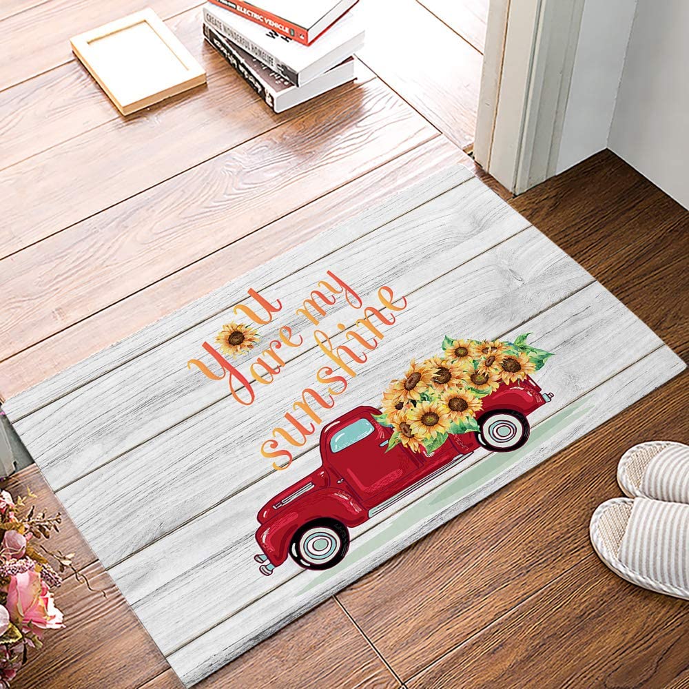 Valentine''s Day You are My Sunshine Doormat Welcome Mats Rugs Carpet Outdoor/Indoor for Home/Office/Bedroom,23.6(L) X 15.7(W),Red Truck Car with Sunflowers - image 4 of 6