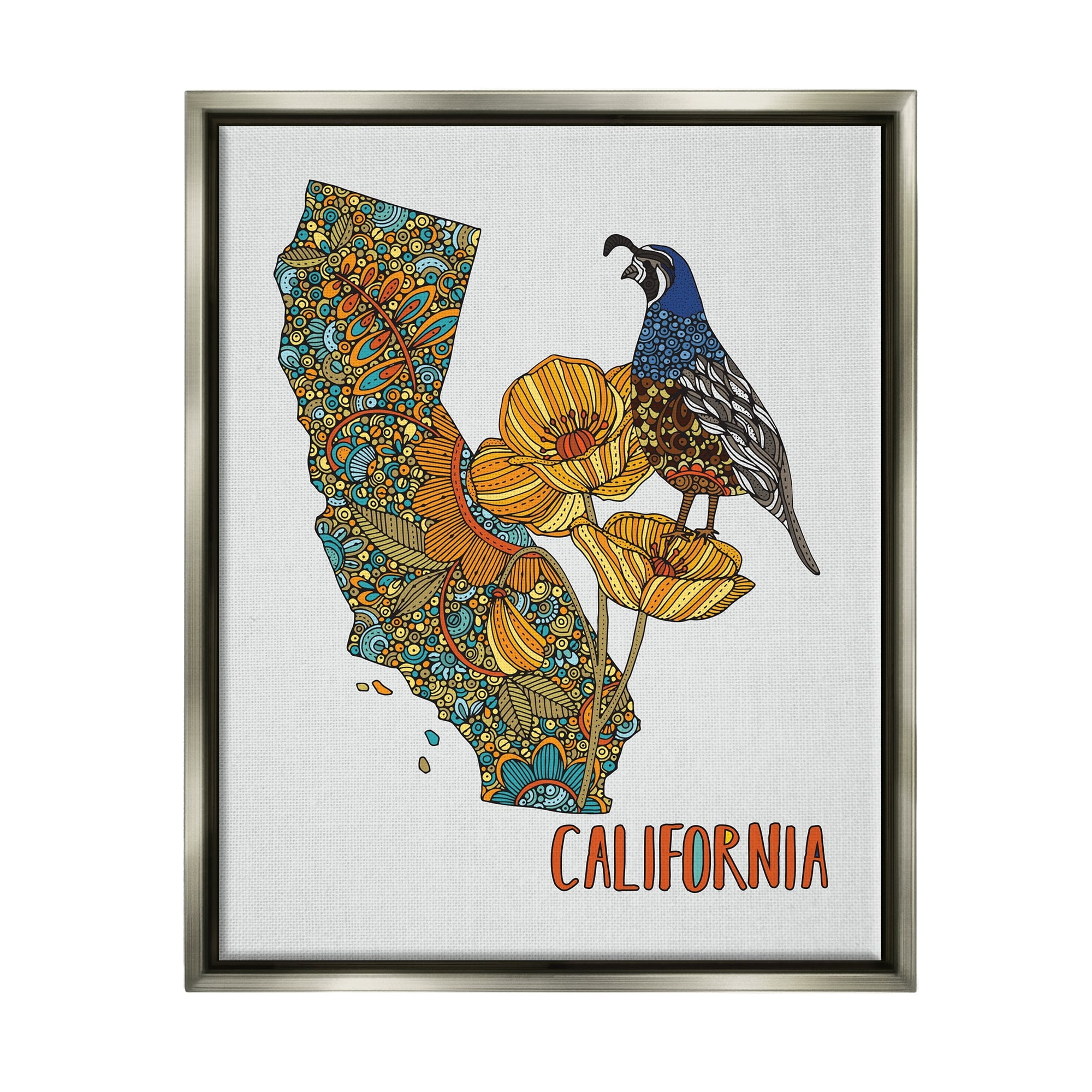 Stupell Industries California State Poppy Flowers Quail Bird Floral Details Graphic Art Luster Gray Floating Framed Canvas Print Wall Art, Design by Valentina Harper