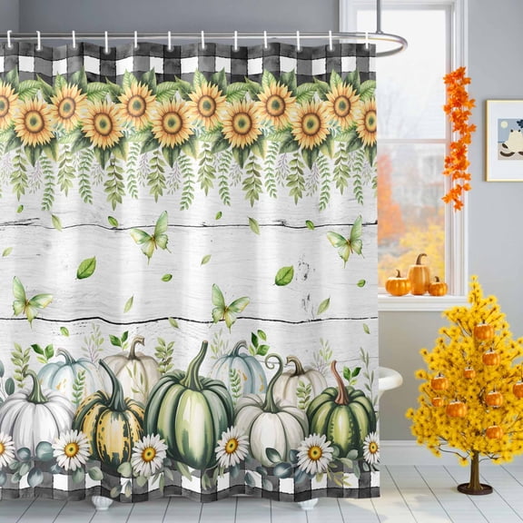 Green Pumpkin Shower Curtains for Bathroom, Fall Daisy Flowers Butterfly White Wood Waterproof Fabric Shower Curtain for Bathroom Bathtub Decoration, Machine Washable, 60"x72"