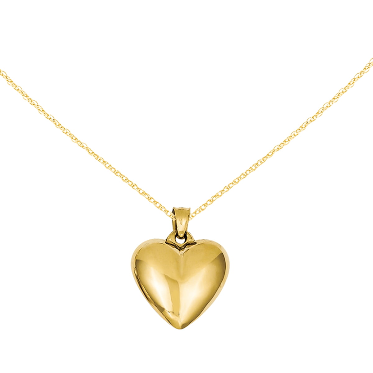 Primal Gold 14 Karat Yellow Gold Polished 3-D Puffed Heart Pendant with  18-inch Cable Rope Chain