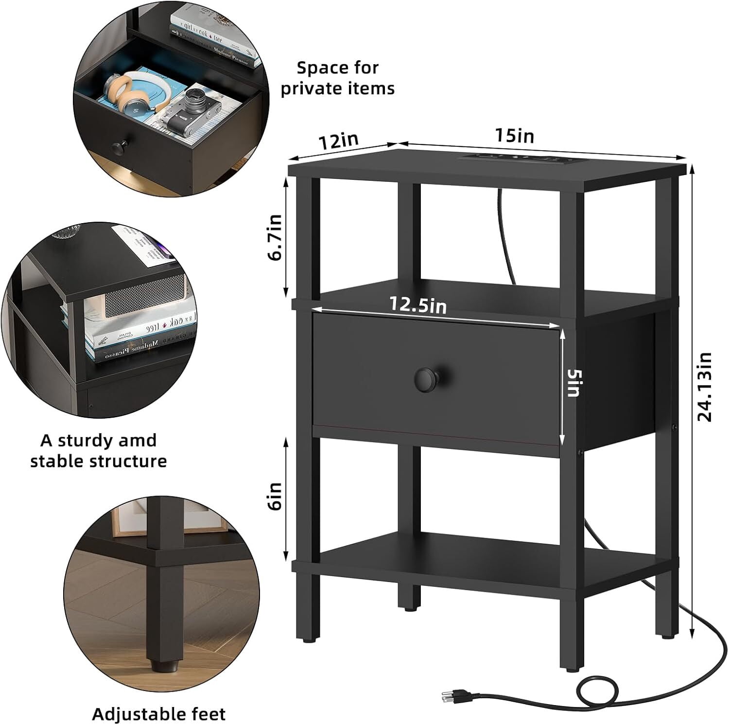 LEYAOYAO 3-Tier Narrow End Table with Charging Station, Wood Side Table for Living Room, Black