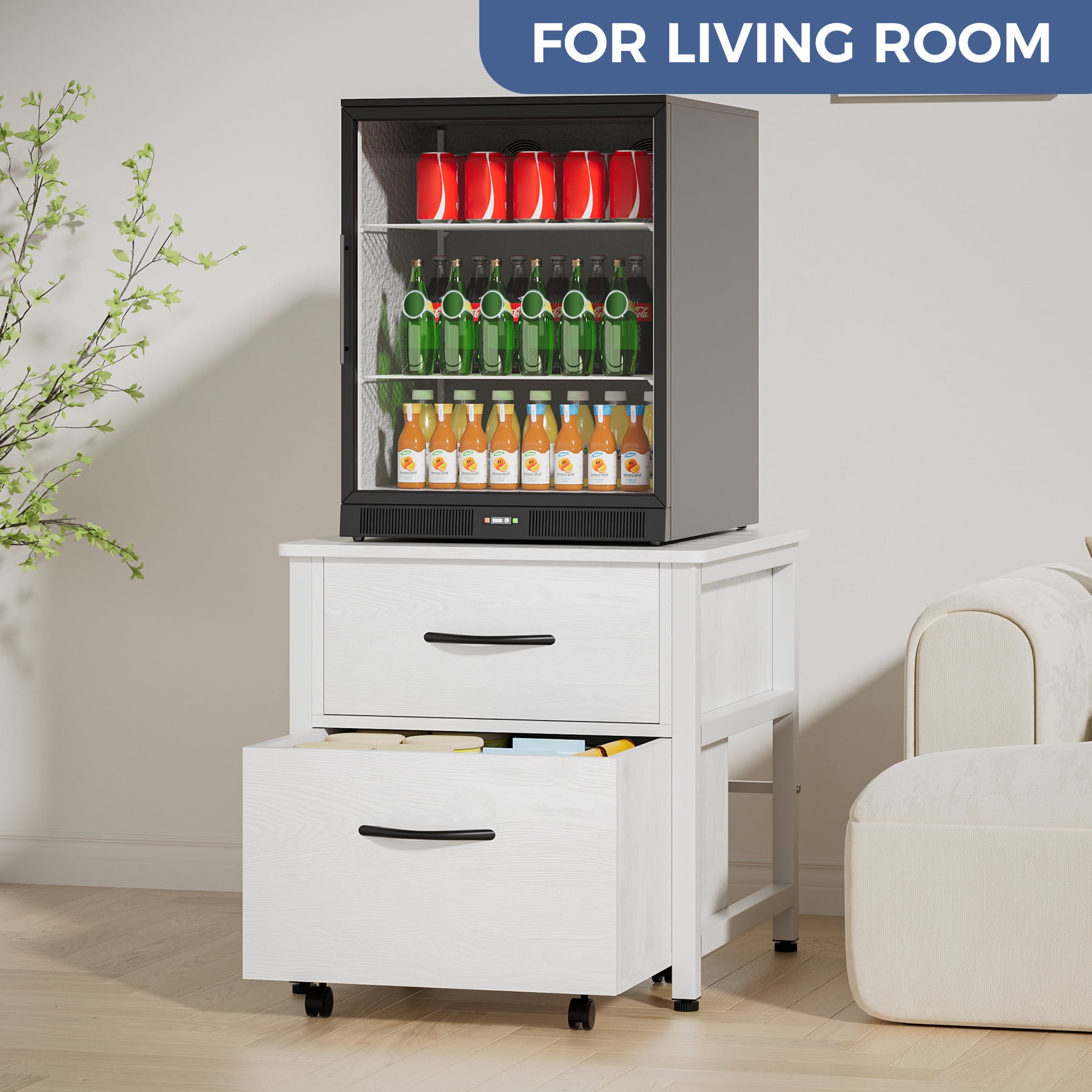 INFANZIA Mini Fridge Stand with Storage, Beverage Refrigerator Stand Table with Rolling Cabine, 22.1"Lx 23.2"W Solid Wood Heavy Duty Mini Fridge Cabinet for Dorm, Office, Bedroom, Black