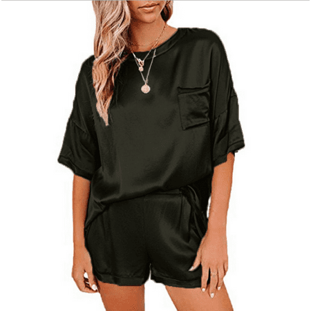 

2021 European And American Spring New Pure Color Silk-Like Pajamas Home Wear Short Sleeve Shorts Irregular Two-Piece Suit