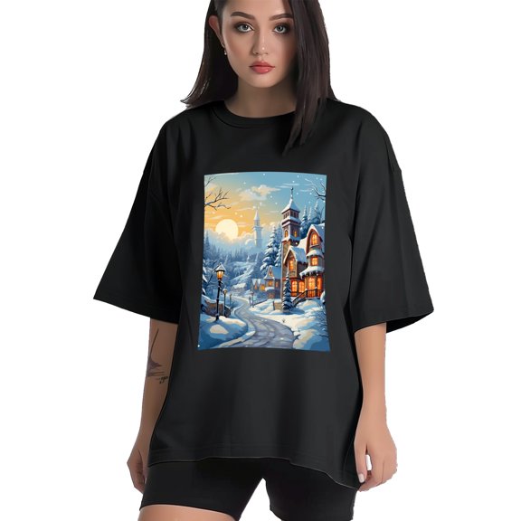 Plus Size Shirt for Women Black Tops for Women Short Sleeves Shirt for Women Winter Scene 3 T Shirt Crewneck Shirt for Women XS