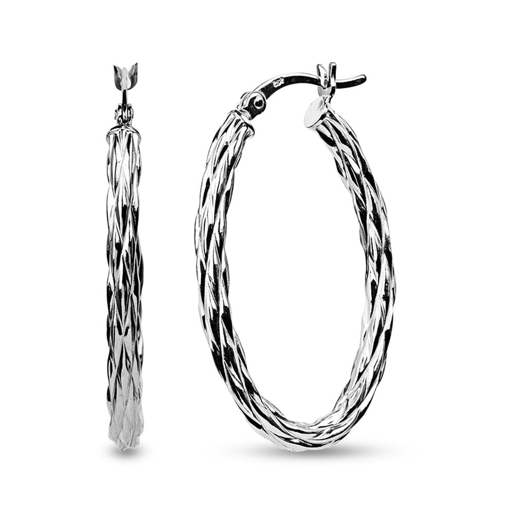 LeCalla 925 Sterling Silver Rhodium-Plated Oval Texture Hoop Earrings Jewelry Gifts for Women and Teen 35MM