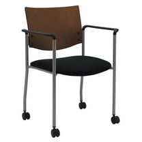 KFI Studios Evolve Stack Chair with Arms & Casters, Chocolate Wood Back, Black Seat
