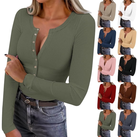 Miluxas Long Sleeve Shirts for Women Henley Button Up Tops Ribbed Knit Slim Fit Fall Basic Tee Casual Trendy Clothes Yellow XL(XL)