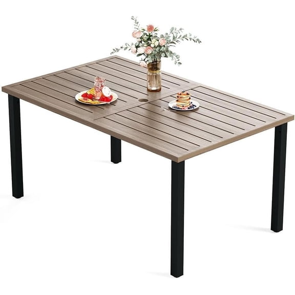 HERA'S HOUSE Outdoor Dining Table for 6, Rectangular Metal Patio Table with Umbrella Hole, 6-Person Weather Resistant Wood-Like Steel Slat Table for Lawn Garden Backyard, L60 xW36 xH29