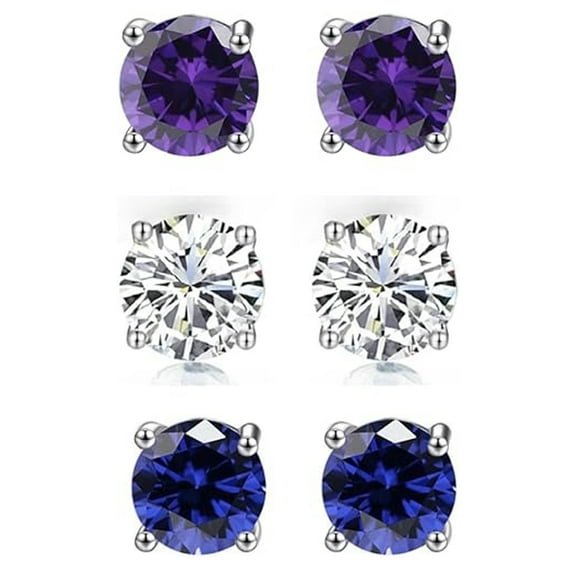 Paris Jewelry 18k White Gold Plated 1Ct Created Amethyst, White Sapphire & Blue Sapphire 3 Pair Round Stud Earrings