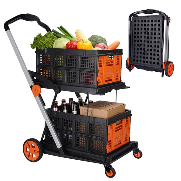 2-Tier Rolling Shopping Cart, Foldable Utility Cart with Storage Crates, Space-Saving Portable Trolley
