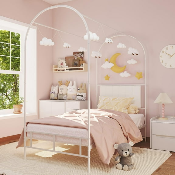 Litake Twin Canopy Bed Frame with Upholstered Headboard, Noise Free Metal Canopy Bed Frame with Under-Bed Storage & Strong Slats Support, No Box Spring Needed, Easy Assembly, White