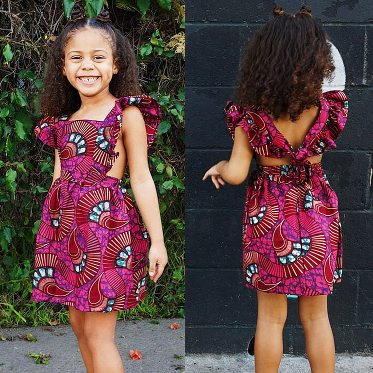Baby Girl Clothes Toddler Girls African Traditional Style Fly Sleeve  Backless Dress Kids Ankara Princess Dresses 1-6Y 