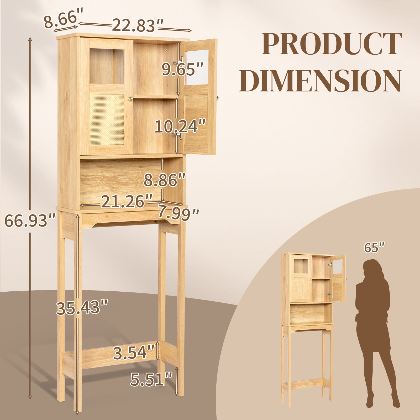 Ktaxon Over the Toilet Bathroom Storage Cabinet  with 2 Doors & 3 Storage Shelves Space Saver, Rattan