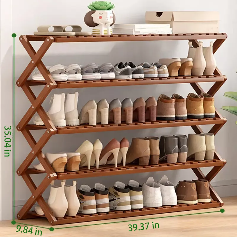 ShadeMart Brown 5 Tier Bamboo Shoe Rack,Portable Folding Shoe Storage Rack,Without Installation Small Shoe Rack Perfect for Corridors, Bedrooms and Small Spaces
