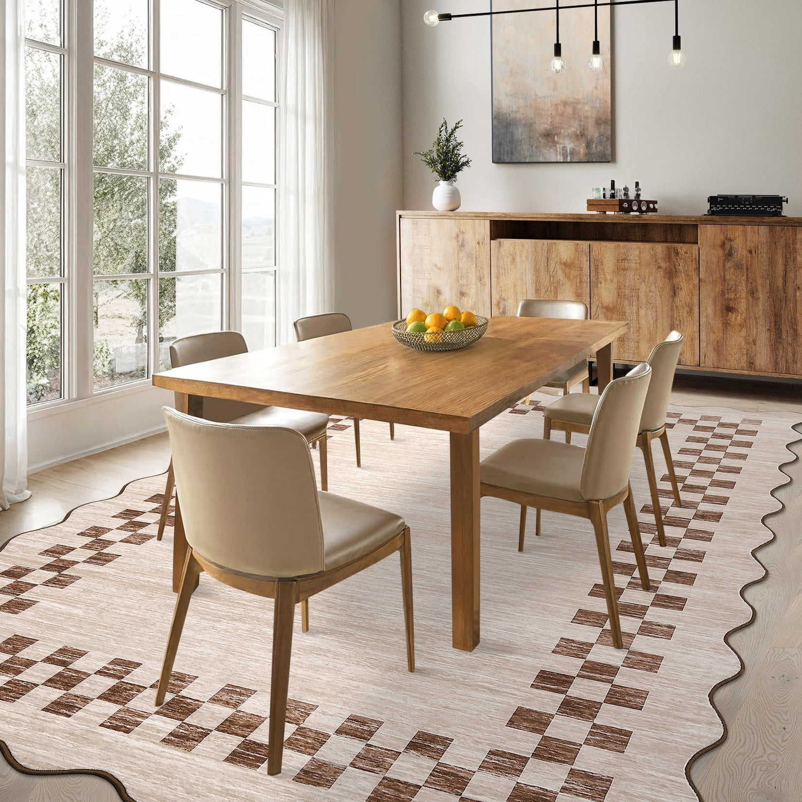 Garvee 9'x12' Scalloped Area Rug, Geometric Neutral Bordered Indoor Rugs Washable Rug Stain-Resistant Low Pile Carpet for Living Room Bedroom Home Decor, Light Camel