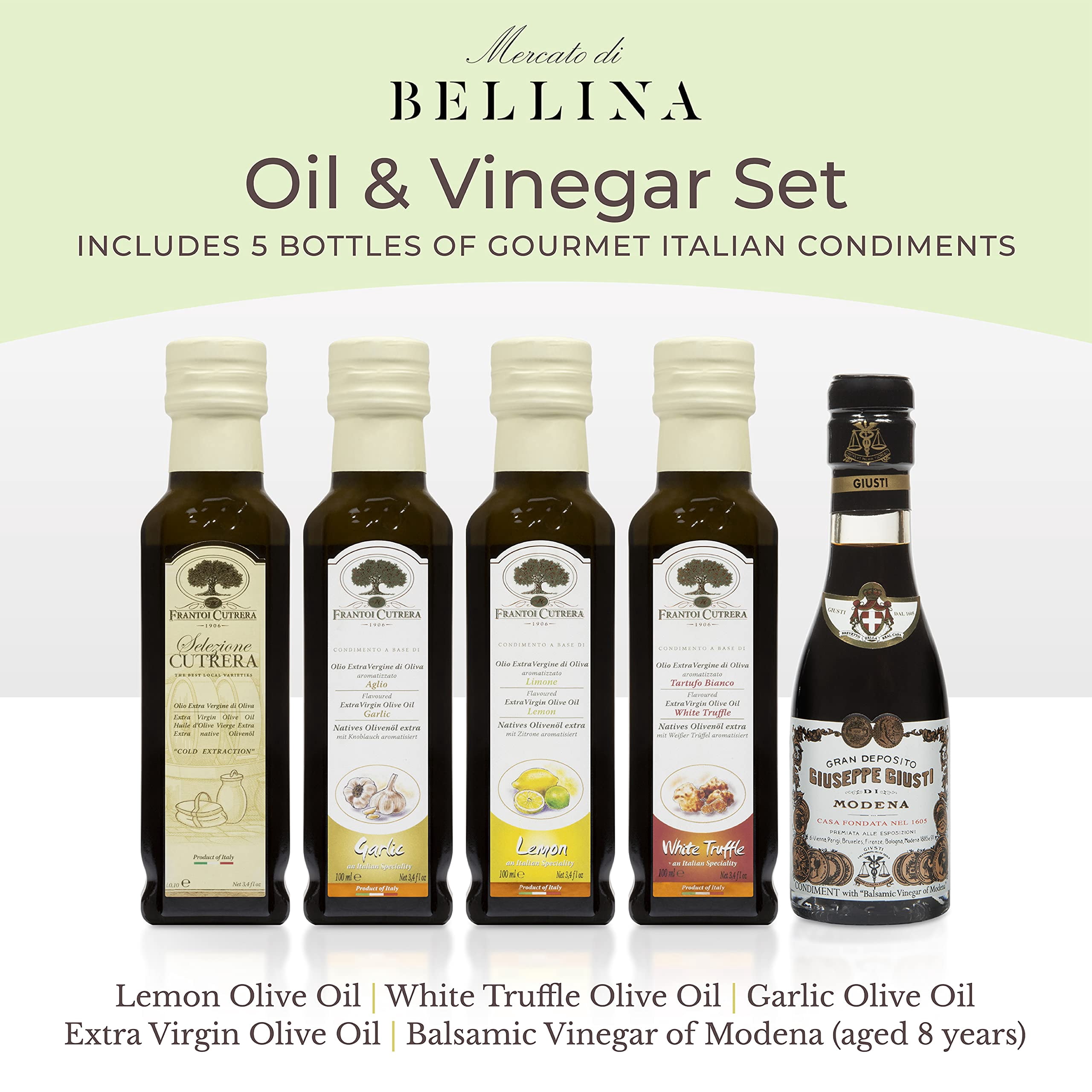 Mercato di Bellina Italian Olive Oil and Balsamic Gift Set - Mini Balsamic Vinegar, Truffle, Garlic and Lemon Flavored Olive Oil Gift Set for Cooking & Dipping Bread - Imported from Italy