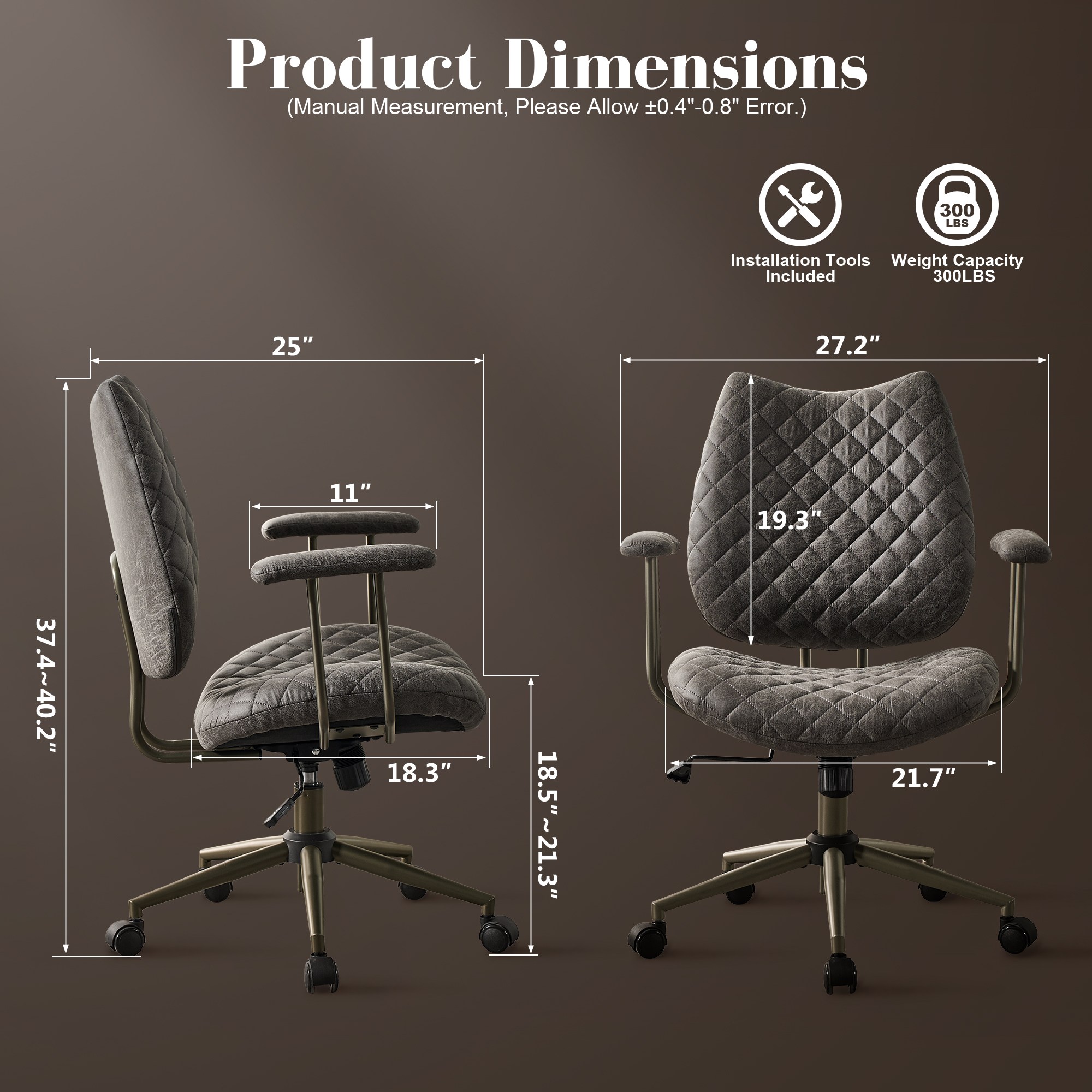 Toject Leather Office Chair, Mid Back Home Office Chair with Lumbar Support, Ergonomic Computer Chairs, Executive Desk Chairs with Thickened Cushions, Task Chairs for Office, Suede Leather, Gray