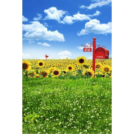 Image of ABPHOTO Polyester Nature Scenery Green Grass Lawn Sunflowers Cloudy Blue Sky Land 5x7ft Mural Wallpaper Studio Photo Backgrounds