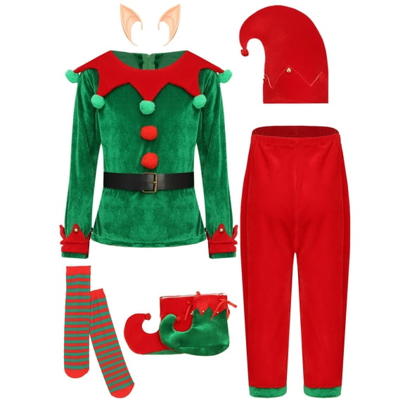 Haitryli 7Pcs Kids Christmas Elf Outfits Xmas Elves Party Santa Litter Helper Fancy Dress Up Set Green 100