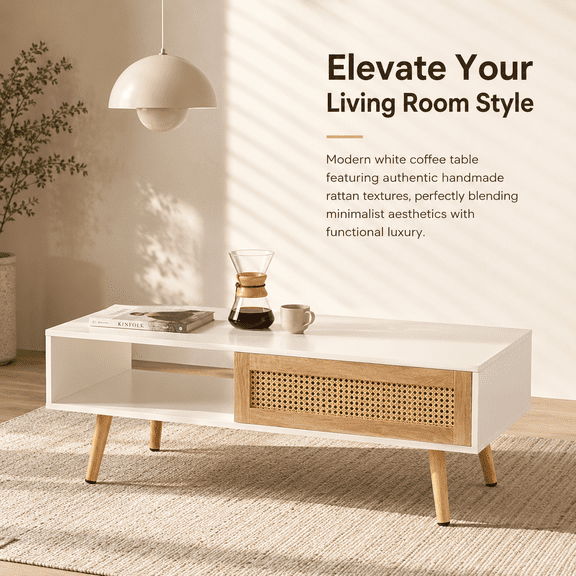 White Rattan Coffee Table with Sliding Door Storage, 41.34 Inch