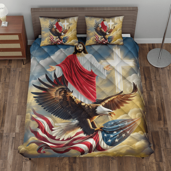 Lotusprinthandmade Jesus America Eagle Quilt Bedding Set (Fold Hem) 5 Sizes (Made in Vietnam) (55x60), Patriotic Jesus And Eagle Quilt, America Flag And Eagle Quilt Bedspread
