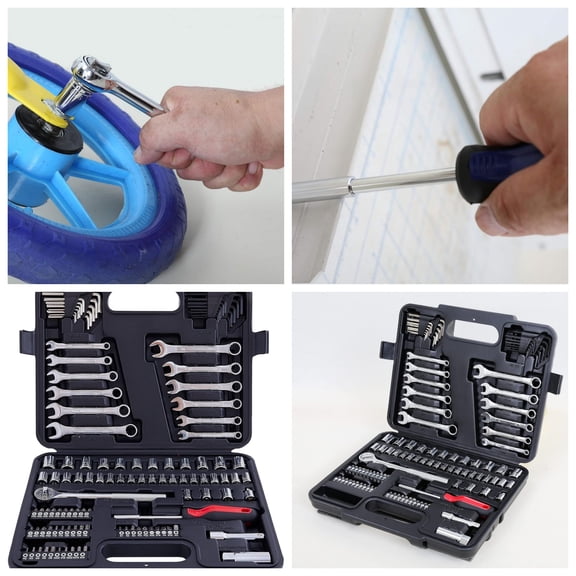 121 Piece Mechanic Tool Set, 1/4 & 3/8 Inch Drive Metric & Standard Socket Wrench Kit, for General, Home, Car, Mechanics, Automotive Repair Tool Kit and as A Gift