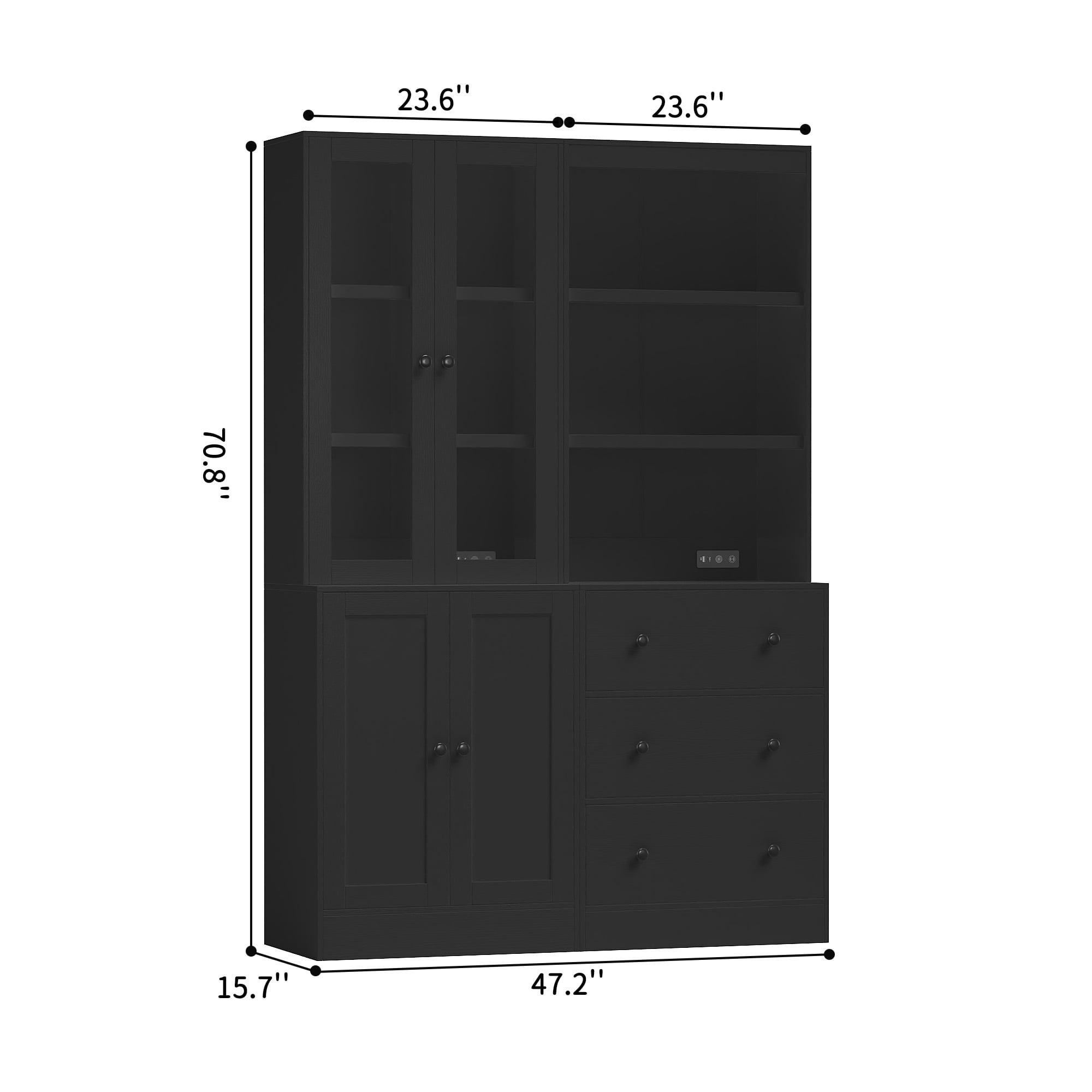 2Pcs 71" Bookshelf with Storage, Modern Bookshelves with 3 Large Drawer, Display Bookcase with Glass Doors, Modern DIY Mix Cabinet for Home Office, Dining Room (Black, BA)