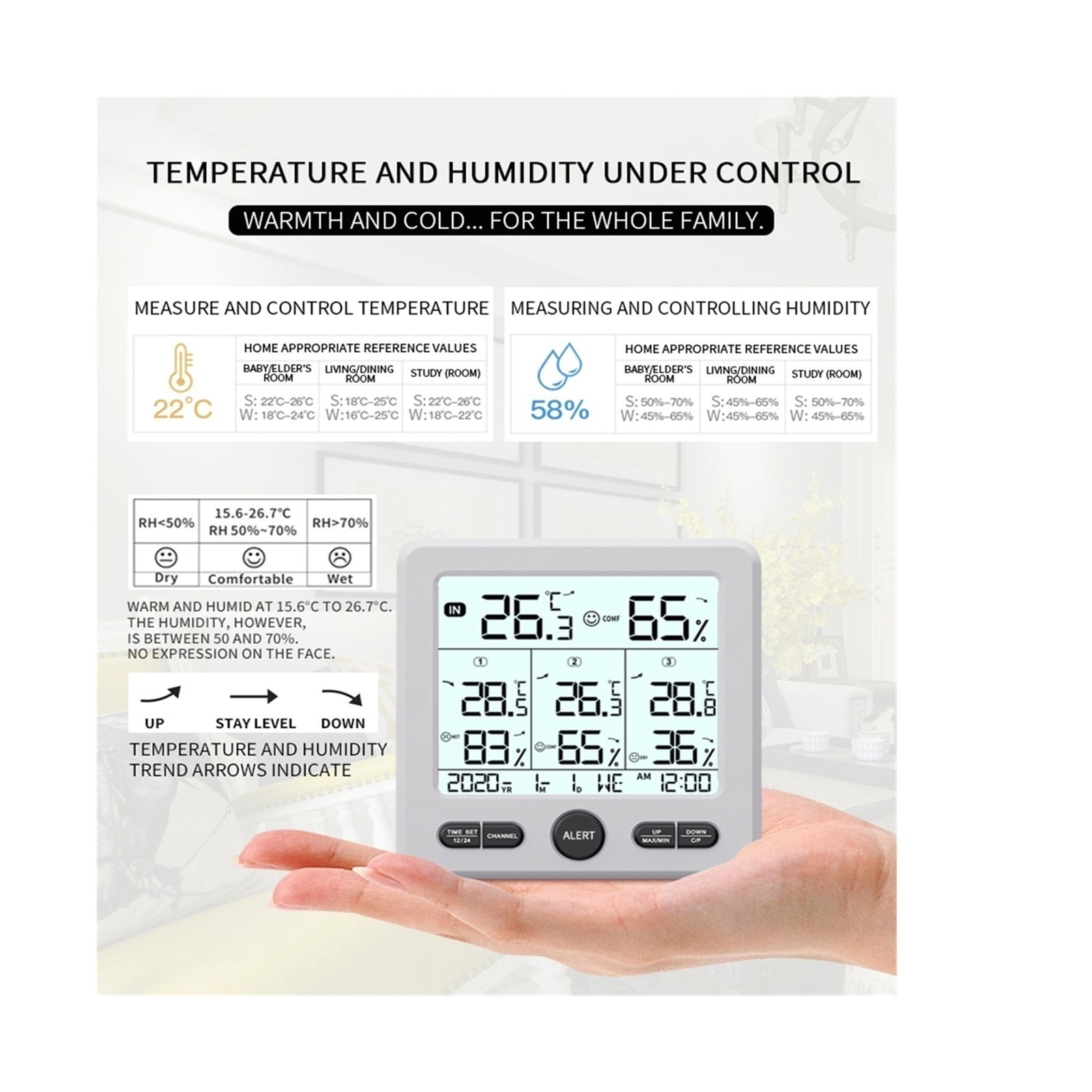 Wireless Indoor Outdoor Thermometer Digital Temperature Hygrometer With 3pcs Remote Sensors Home - BLACK