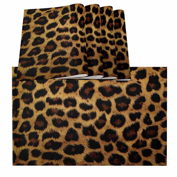 Leopard Placemats for Dinning Table Set of 4, Brown Vintage Leopard Print Burlap Kitchen Place Mats Waterproof Cloth Table Mats, Indoor Outdoor Placemats Easy Clean Dinner Decor