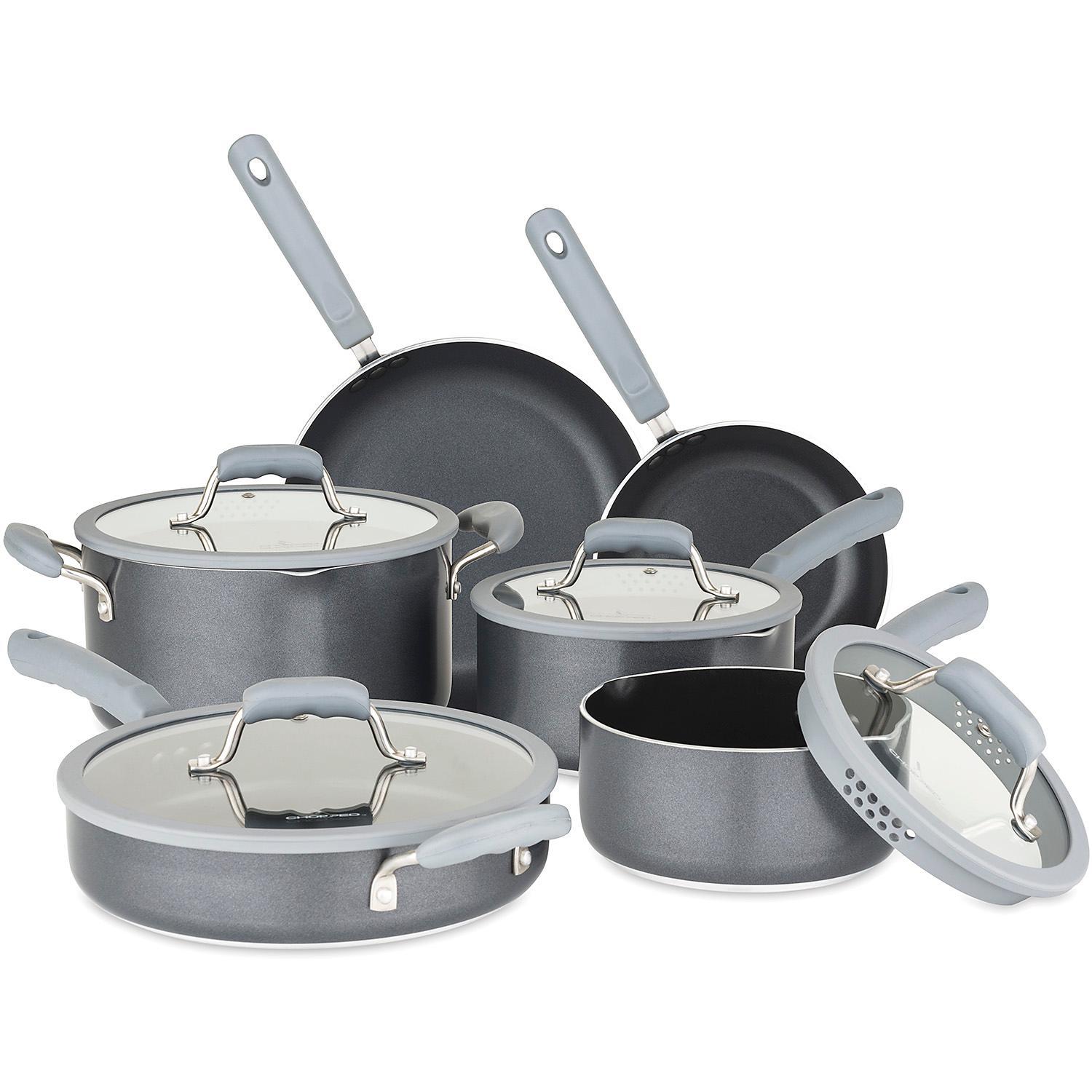 Chopped Grey 10Piece Nonstick Cookware Set with Silicone Strainer Lids