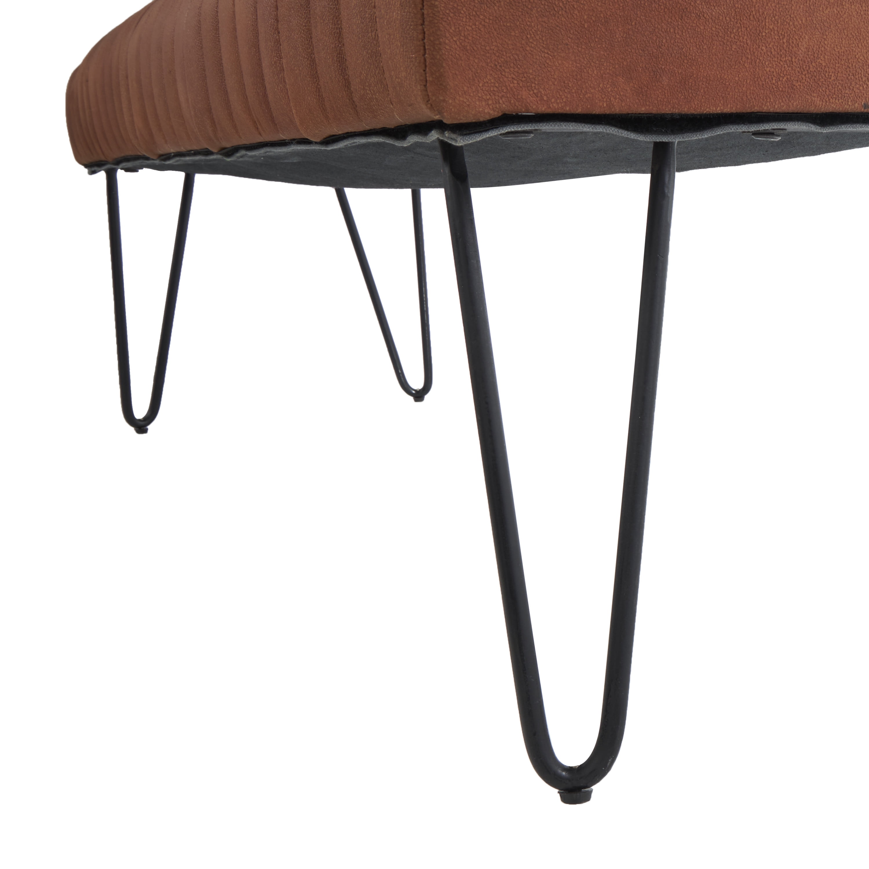 DecMode Leather Upholstered Bench with Linear Tufted Panels and Black Metal Hairpin Legs, Brown