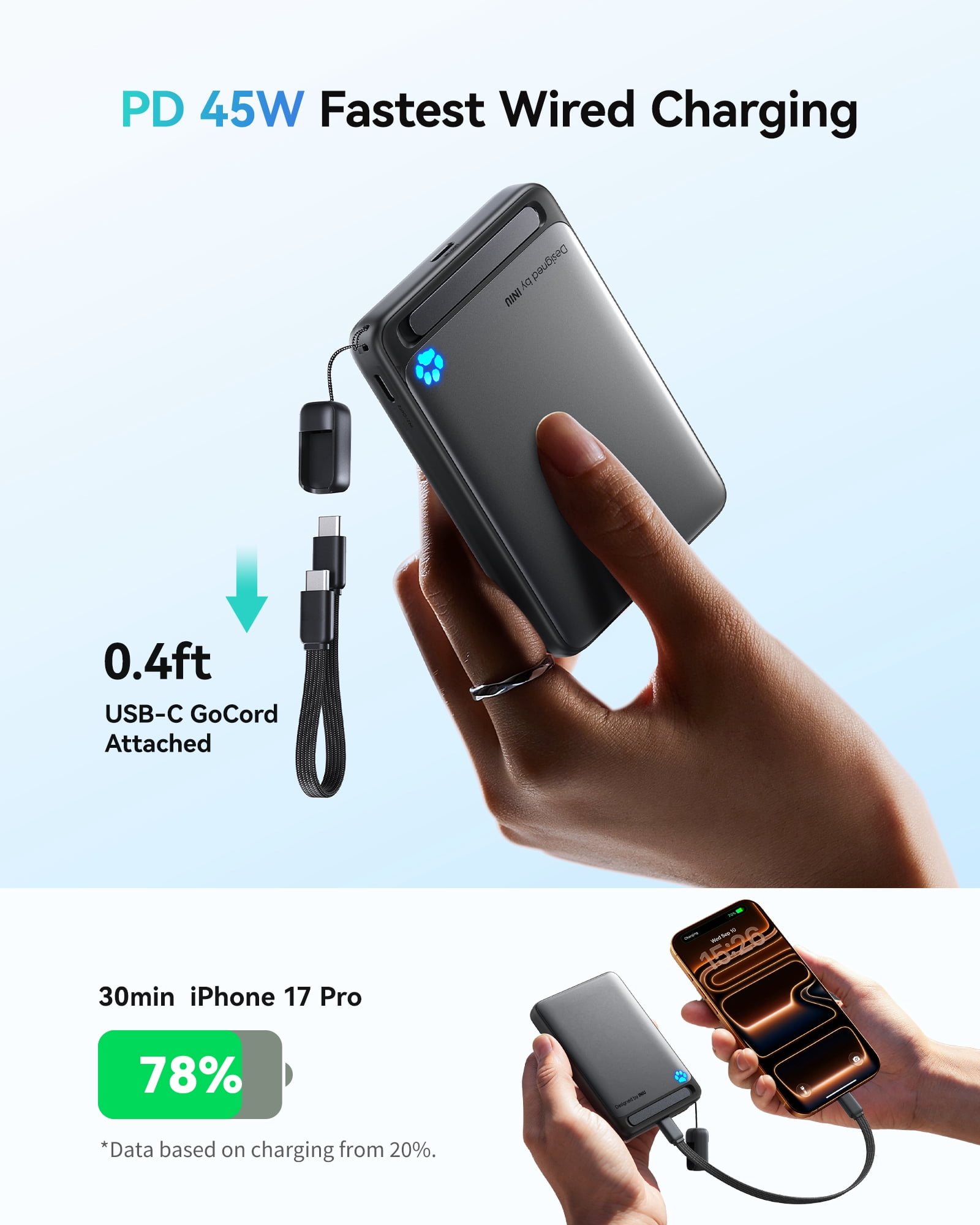 INIU Magnetic Wireless Portable Charger, 10000mAh 45W Power Bank with USB C Cable&Stand,  Qi2 Certified Battery Pack, Compatible with iPhone 17/16/15/14/13/12 Only, Black