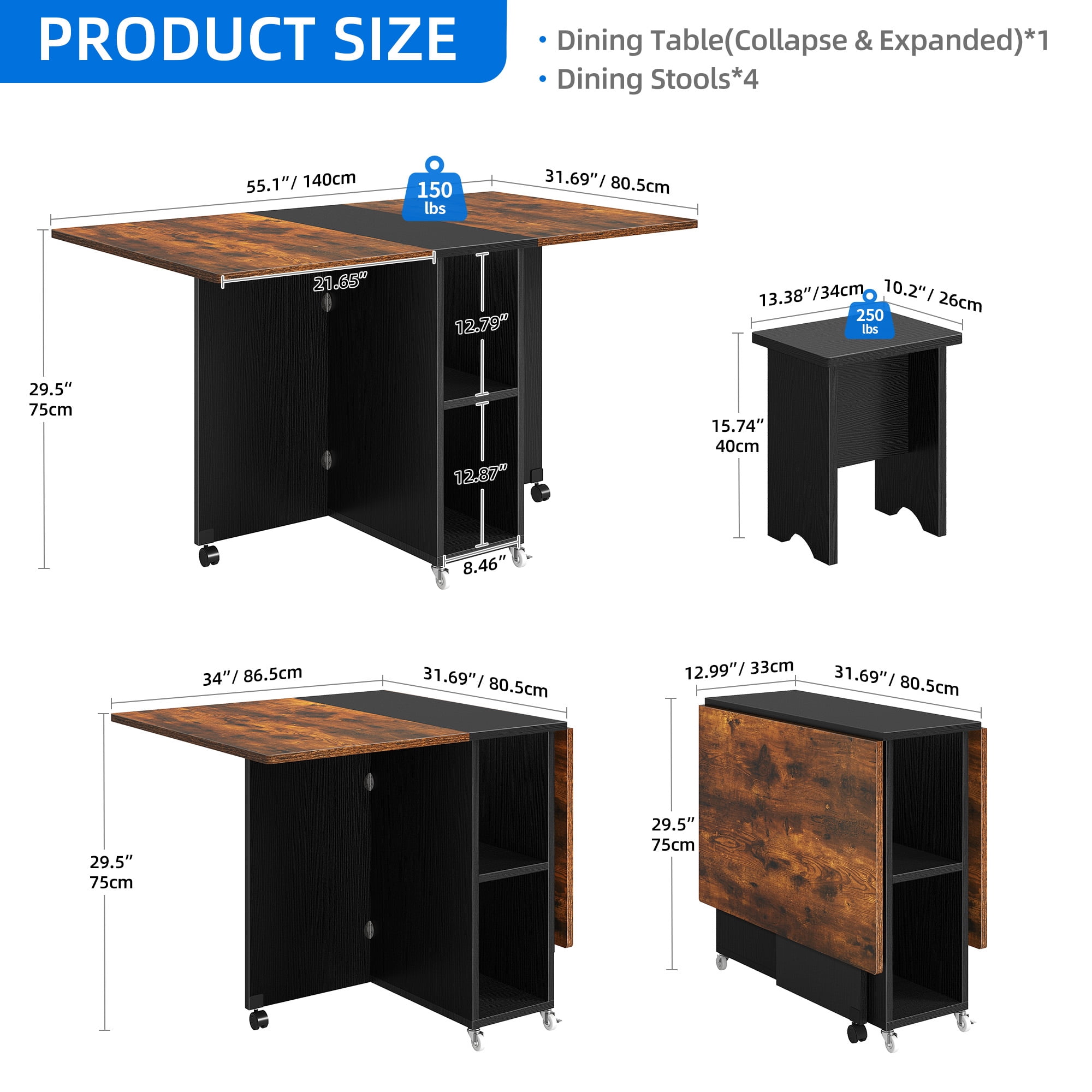 UFORIC 5 Pcs Folding Dining Table Set with 4 Chairs, 55'' Drop Leaf, Storage Racks, Wheels, Brown