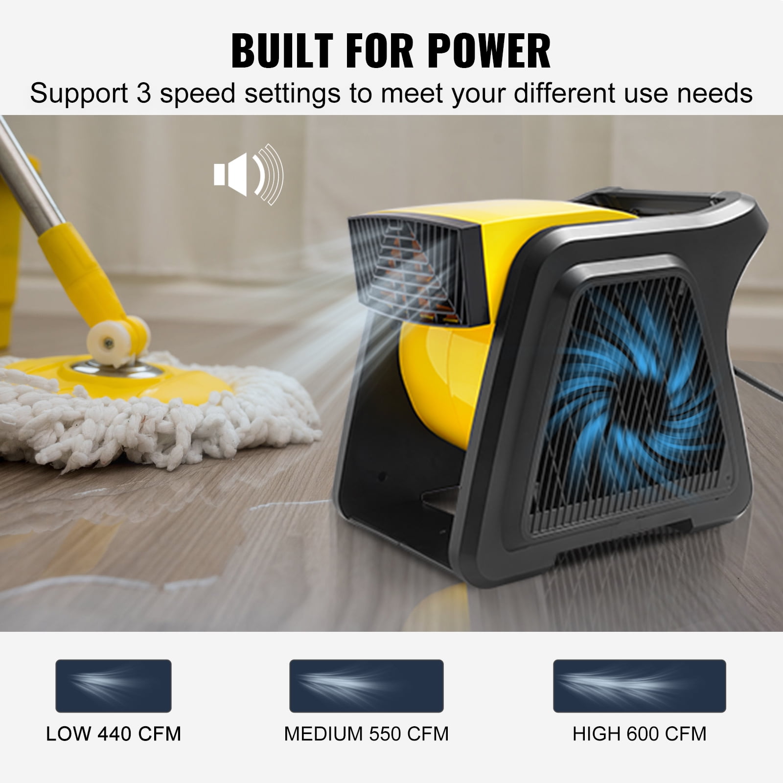 VEVOR 600 CFM 3-Speed Floor Blower Fan, Pivoting Utility Fan, Portable Air Mover Floor Carpet Dryer w/ Timer and Power Outlet for Home